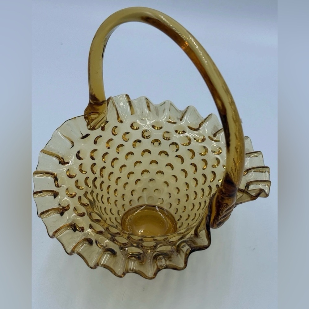 Vintage Amber Hobnail Glass Basket Ruffled Edge Applied Handle Candy Dish - Picture 8 of 9